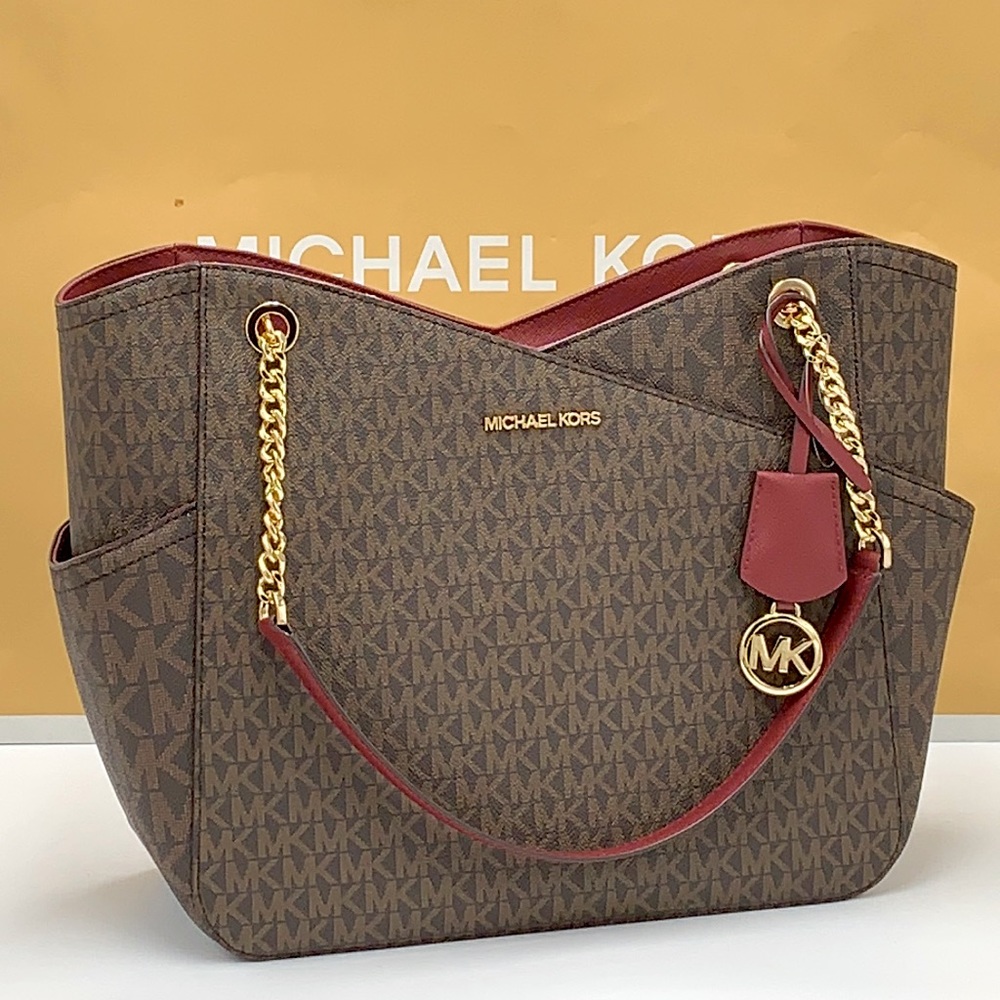 MICHAEL KORS 
Jet Set Large XChain  Logo Shoulder Tote Bag DARK CHERRY COLOR - Picture 2 of 16
